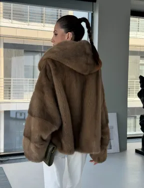 Женский норковый полушубок с капюшоном - фото 16