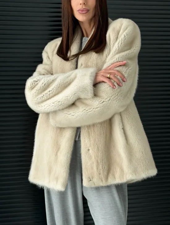 Светлый норковый жакет V-образный воротник - фото 2