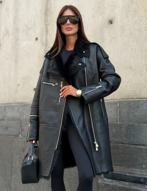 Удлиненная дубленка - авиатор из натуральной овчины с мехом тосканы - фото 11