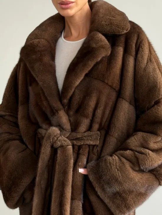 Шуба из плюшевой норки Velvet с английским воротником - цвет соболь - фото 1