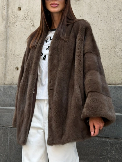 Шуба из плюшевой норки - цвет Pastel brown - фото 3
