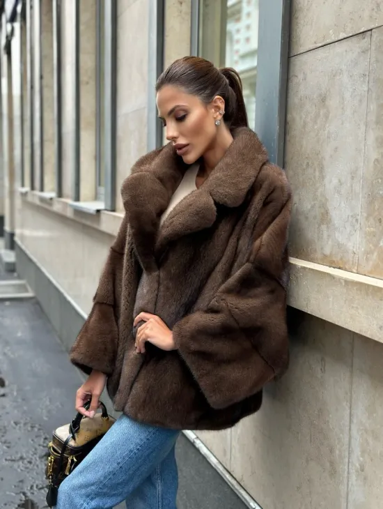 Норковый полушубок с английским воротником - цвет орех - фото 12