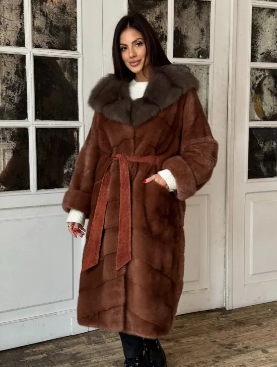 Эксклюзивная норковая шуба с капюшоном из куницы - цвет терракотовый - фото 7