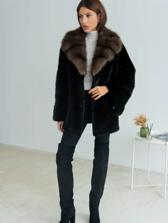 Норковая шуба Blackglama, английский воротник из меха куницы - фото 3