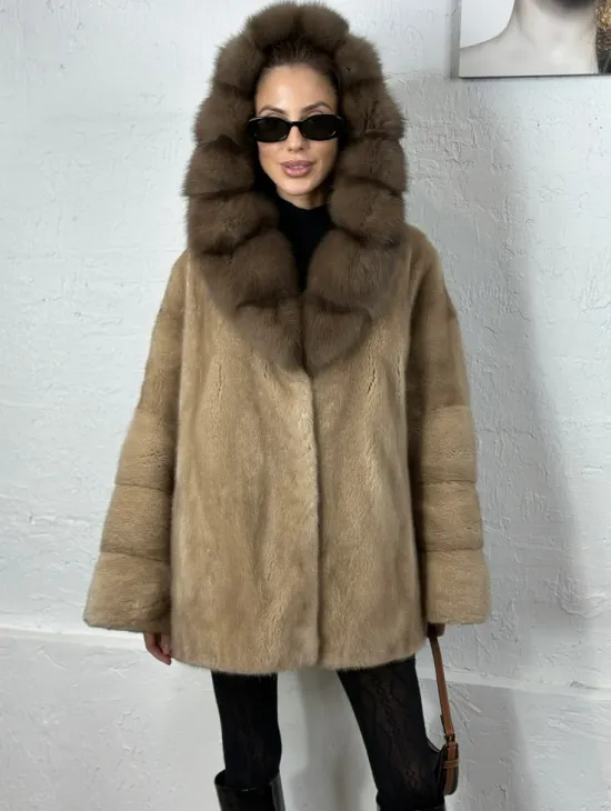 Норка автоледи с капюшоном куница - цвет пастель - фото 3