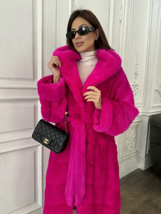 Норка кимоно с капюшоном, паркет - цвет фуксия - фото 1