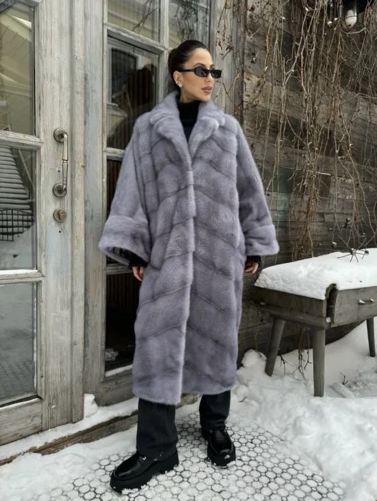 Шуба норковая в стиле Oversize - цвет серый сапфир - фото 6