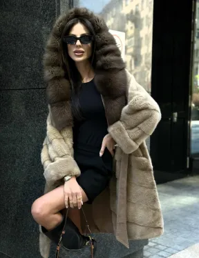 Шуба норковая с капюшоном куница - цвет пастель - фото 0