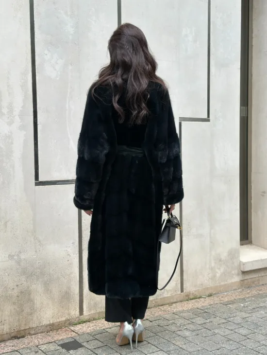 Шуба из меха норки с английским воротником темно - зеленый изумруд - фото 8